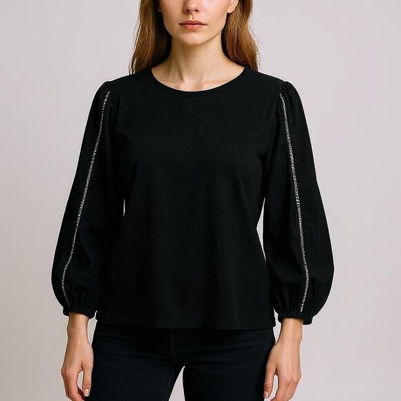 J.Jill Black Puff Sleeve Top White Stitching Bohemian Cottagecore XS - Picture 1 of 7